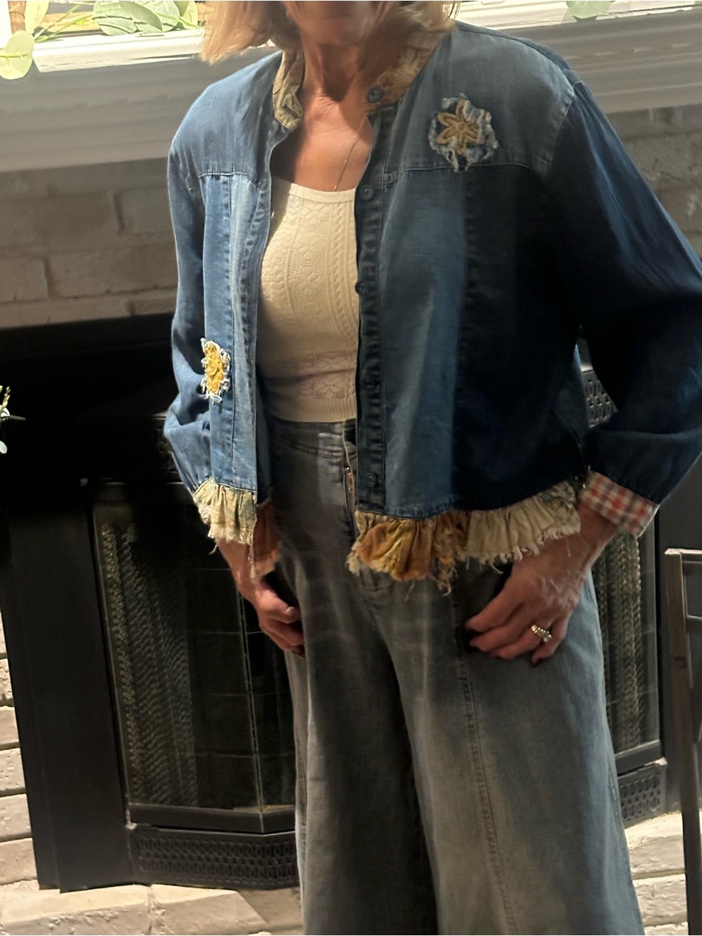 Fringe-Trim Embroidered Blue Denim Jacket